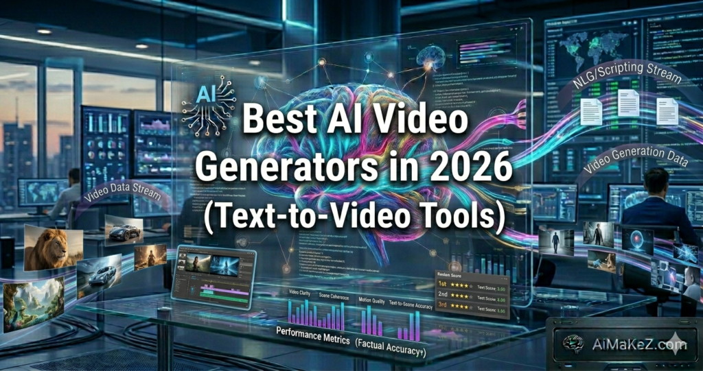 A futuristic video production data center with a large transparent holographic display showing a glowing multi-colored brain and the text "Best AI Video Generators in 2026 (Text-to-Video Tools)". Neon ribbons carry floating video frames of cinematic scenes, cars, and landscapes on one side, and script pages labeled "NLG/Scripting Stream" on the other. Below, a glass desk features open video editing software, performance charts for video clarity and motion quality, and a 1st to 3rd leaderboard ranking. Technicians work in the background, and an "AiMaKeZ.com" panel sits in the bottom right corner.