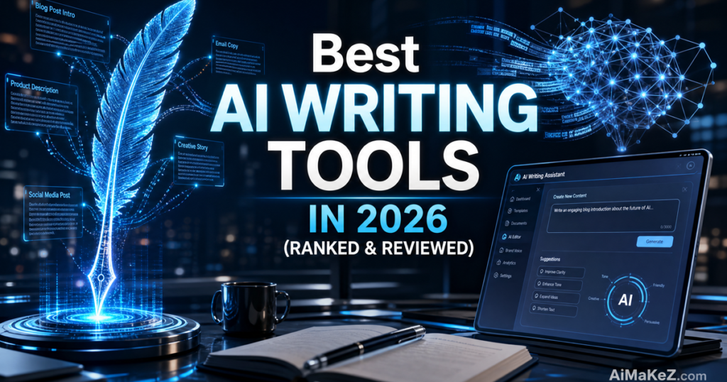 Featured image for AiMaKeZ.com article on Best AI Writing Tools in 2026, showcasing a futuristic writing workspace with generative AI.