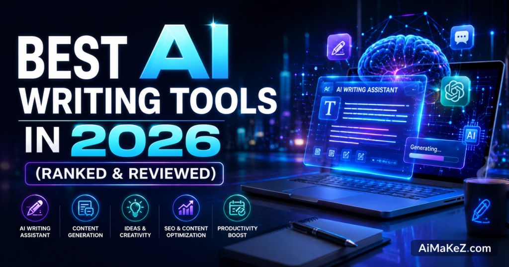 Best AI Writing Tools in 2026 ranked and reviewed, featuring futuristic AI writing assistants, content generation technology, neural networks, and advanced digital interfaces.