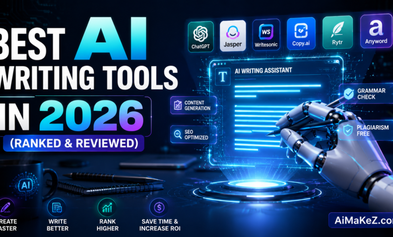 Best AI Writing Tools in 2026 ranked and reviewed featuring AI content generation, writing assistants, futuristic technology interfaces, and advanced artificial intelligence tools.