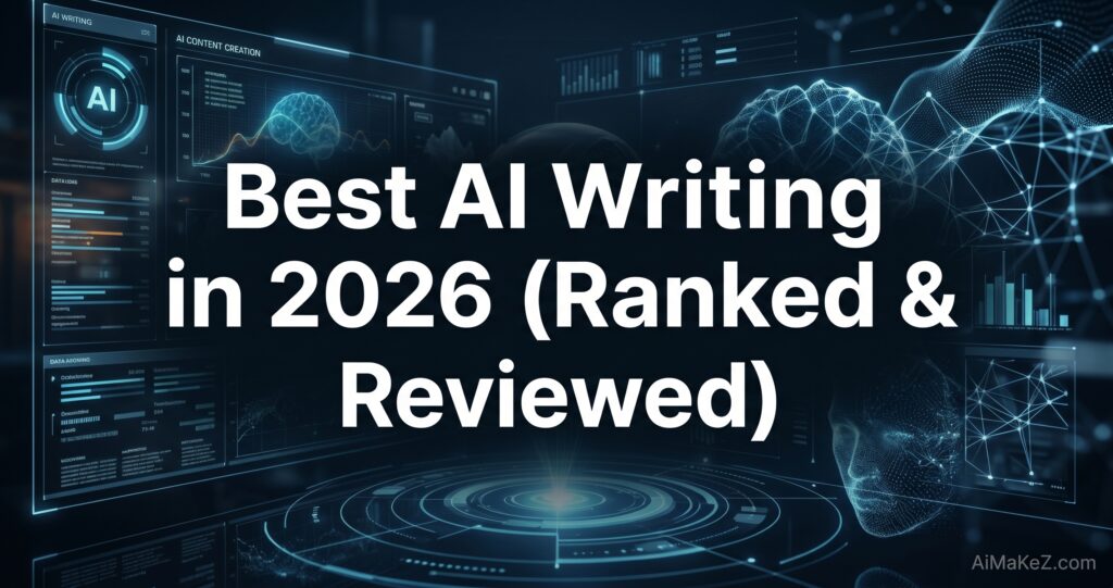 Best AI Writing Tools in 2026 ranked and reviewed featuring AI content generation, writing assistants, futuristic technology interfaces, and advanced artificial intelligence tools.