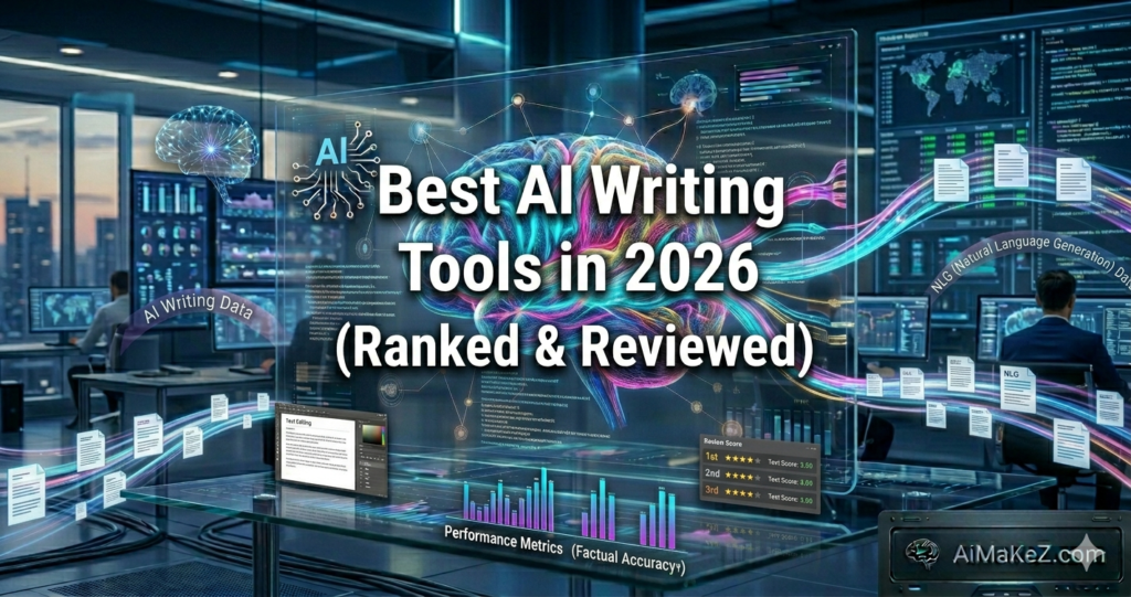 A futuristic data lab setting where a large transparent holographic screen displays a neon human brain and the bold text "Best AI Writing Tools in 2026 (Ranked & Reviewed)". Glowing data ribbons carry floating text document icons across the room, labeled "AI Writing Data" and "NLG (Natural Language Generation) Data". Below the screen, a glass desk displays word processing interfaces, leaderboard rankings with stars, and bar charts labeled "Performance Metrics (Factual Accuracy)". Technicians work in the background, and the "AiMaKeZ.com" brand name appears in the bottom right.
