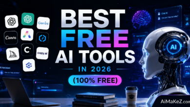 Best Free AI Tools in 2026 featured image showing futuristic AI technology, digital interfaces, AI assistants, productivity tools, neural networks, and modern business technology with the title "Best Free AI Tools in 2026 (100% Free)".