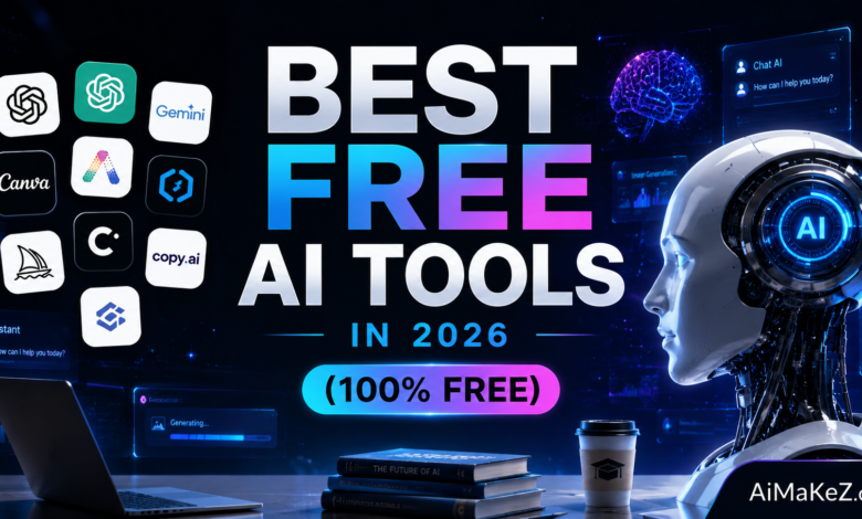 Best Free AI Tools in 2026 featured image showing futuristic AI technology, digital interfaces, AI assistants, productivity tools, neural networks, and modern business technology with the title "Best Free AI Tools in 2026 (100% Free)".