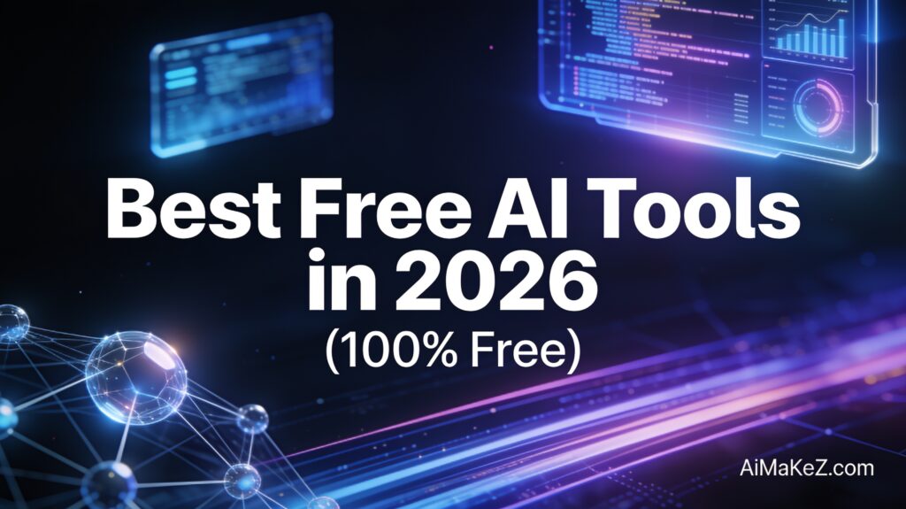 A dark, premium AI-themed blog featured image with bold white typography in the center reading "Best Free AI Tools in 2026 (100% Free)". The design features futuristic data streams glowing with neon purple and blue light, a complex neural network node cluster in the bottom-left, and floating digital code analytics screens in the upper corners. The subtle white watermark "AiMaKeZ.com" is displayed in the bottom-right corner.