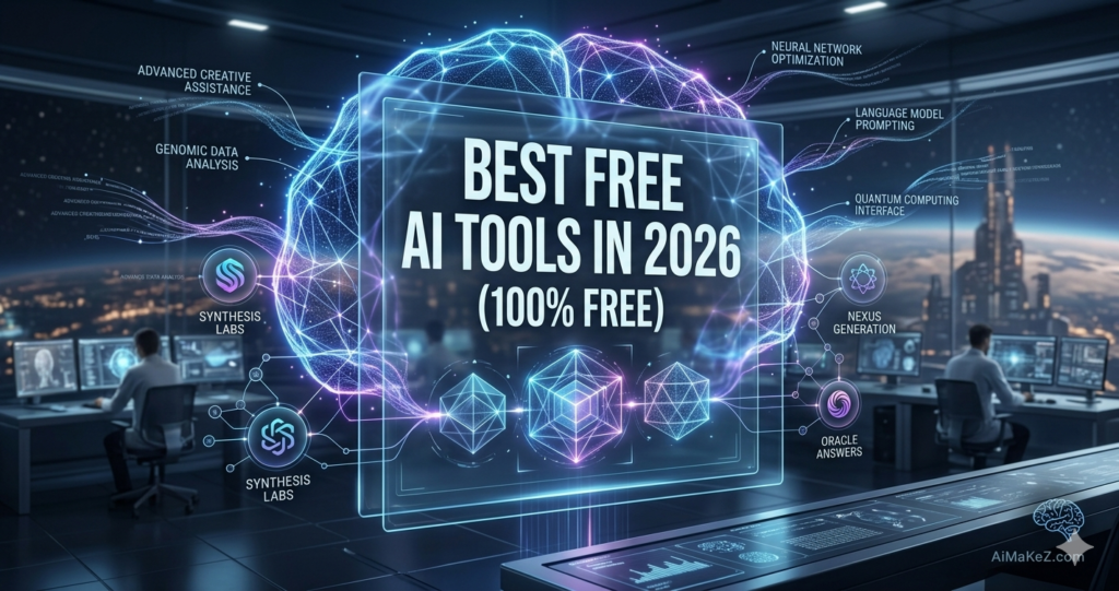 A futuristic tech laboratory control room featuring a large, glass holographic display in the center with bold text that reads "BEST FREE AI TOOLS IN 2026 (100% FREE)". The hologram is shaped like a glowing neural brain network in shades of blue and purple. Floating interface modules outline categories like Language Model Prompting and Genomic Data Analysis alongside geometric shapes. Blurred tech professionals work at multi-monitor desks in the background, and a subtle "AiMaKeZ.com" watermark is visible in the bottom-right corner.