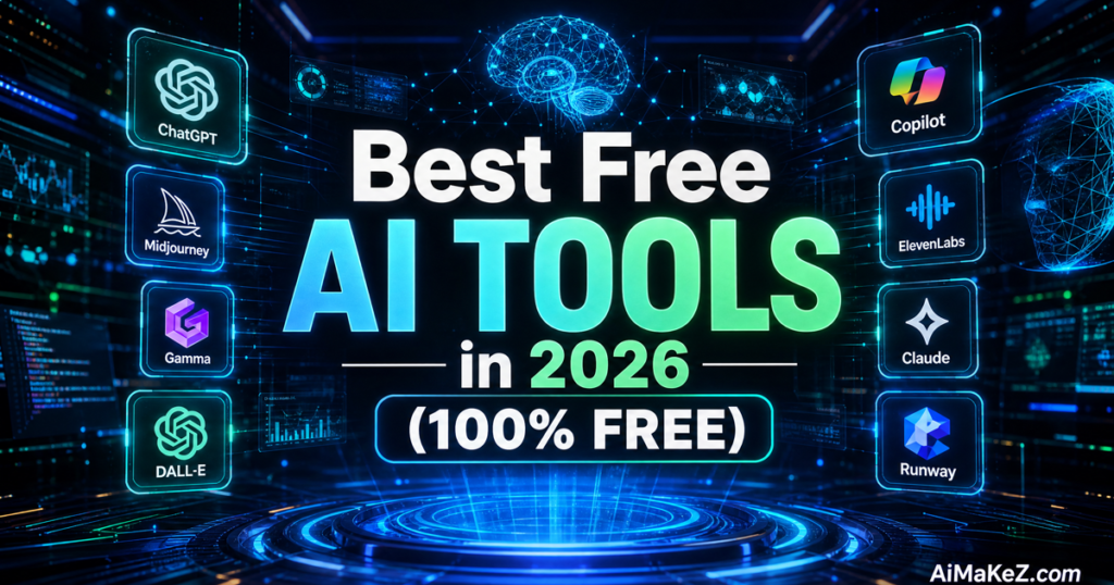 image for AiMaKeZ.com article on Best Free AI Tools in 2026, showcasing a futuristic interface with various free AI tools.