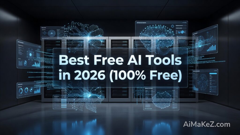 A premium, ultra-realistic server room setting with rows of data racks in the background. In the center, a large, transparent glowing holographic pane displays the bold white text "Best Free AI Tools in 2026 (100% Free)". Surrounding the main text are multiple smaller floating digital interface panels showing tech metrics, code analytics, bar charts, and a glowing neural brain diagram. The subtle watermark "AiMaKeZ.com" is visible in the bottom-right corner.