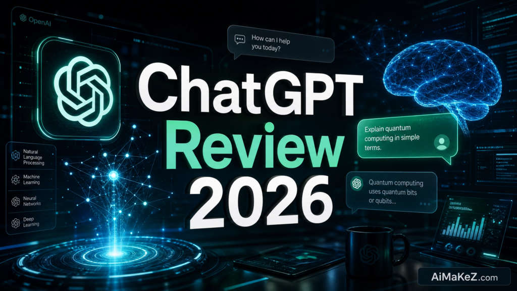 Featured image for ChatGPT Review 2026 article on AiMaKeZ.com, showcasing a futuristic AI interface with chat bubbles and neural networks.