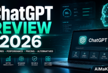 ChatGPT Review 2026 featuring AI-powered writing, coding, productivity, automation, and content creation tools with futuristic artificial intelligence technology.