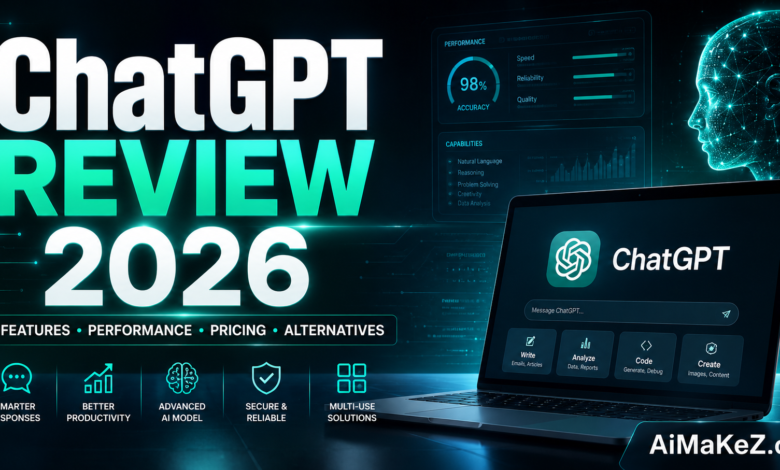 ChatGPT Review 2026 featuring AI-powered writing, coding, productivity, automation, and content creation tools with futuristic artificial intelligence technology.