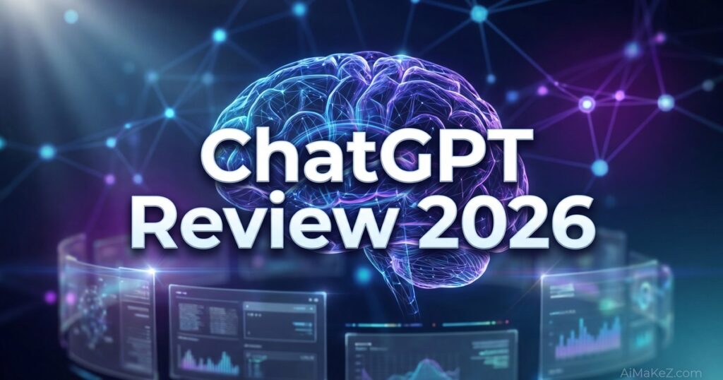 Neural network brain glowing in blue and violet over holographic data panels — featured image for "ChatGPT Review 2026" by AiMaKeZ.com.