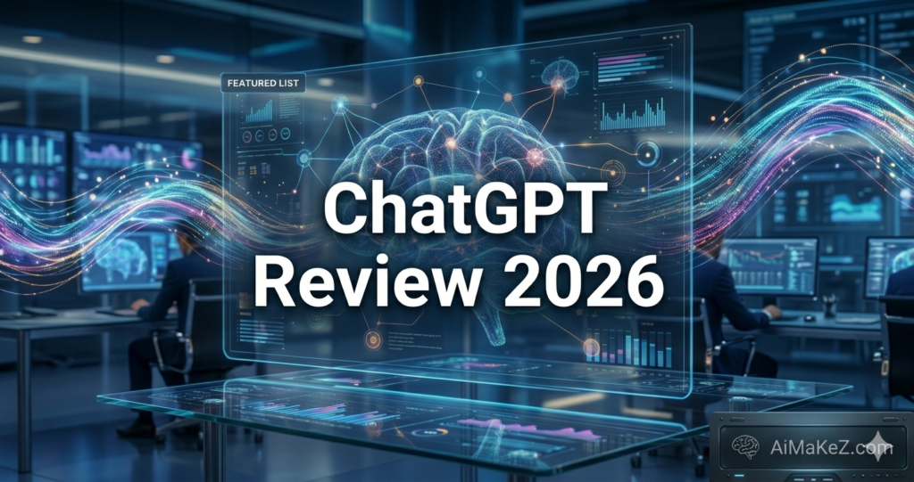 A futuristic control center featuring a large transparent hologram display that reads 'ChatGPT Review 2026' with an interconnected brain model and a flowing stream of digital data light trails.