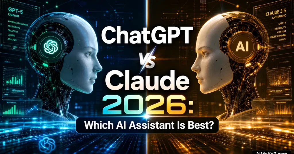 Featured image for ChatGPT vs Claude 2026 article on AiMaKeZ.com, comparing two futuristic AI assistants.