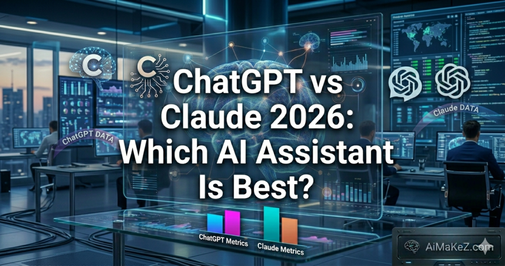 A futuristic high-tech command center visualization where a central transparent holographic screen shows a performance comparison dashboard titled, "ChatGPT vs Claude 2026: Which AI Assistant Is Best?". The display visualizes neural networks and data streams, with distinct sections for the Claude AI and ChatGPT logos. Below the main hologram, a glass desk features color-coded bar charts labeled "ChatGPT Metrics" and "Claude Metrics." Personnel are blurred in the background, working at multi-monitor workstations. In the bottom right corner, a small labeled hardware panel shows the text "AiMaKeZ.com."