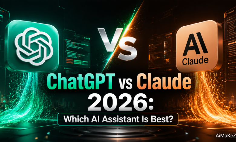 ChatGPT vs Claude 2026 comparison featuring futuristic AI interfaces, neural network visuals, and advanced artificial intelligence technology.