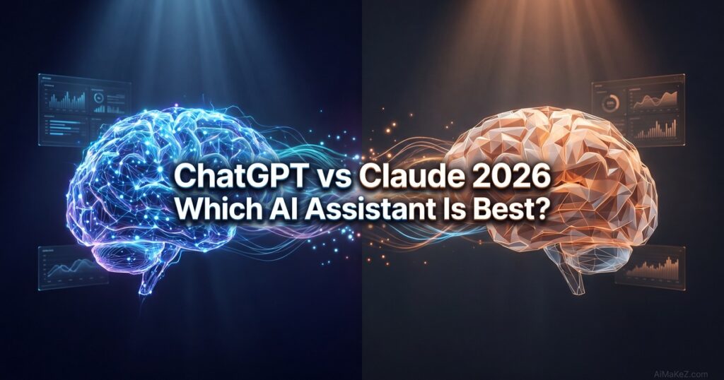 Split-comparison featured image: blue neural network brain facing an amber crystalline brain — "ChatGPT vs Claude 2026: Which AI Assistant Is Best?" by AiMaKeZ.com.
