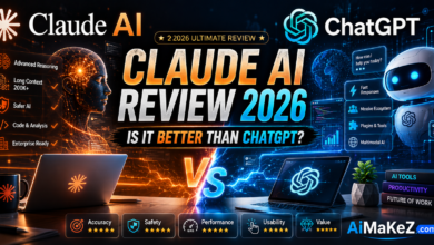 Claude AI Review 2026 comparing Claude AI and ChatGPT with advanced reasoning, performance, safety, usability, and AI capabilities in a futuristic technology environment.