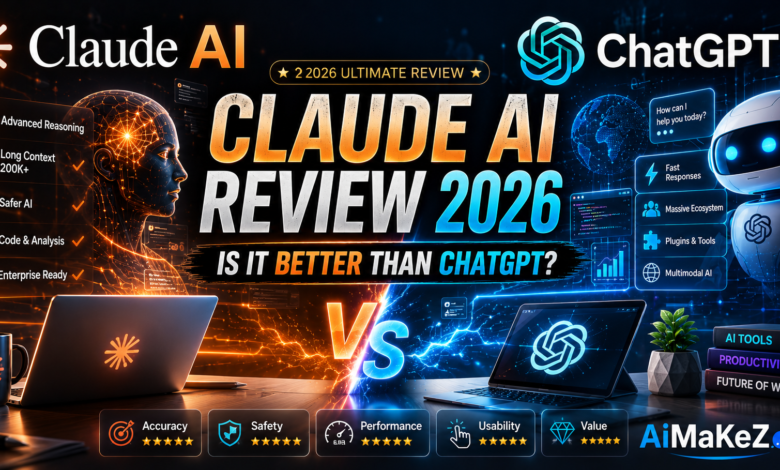 Claude AI Review 2026 comparing Claude AI and ChatGPT with advanced reasoning, performance, safety, usability, and AI capabilities in a futuristic technology environment.
