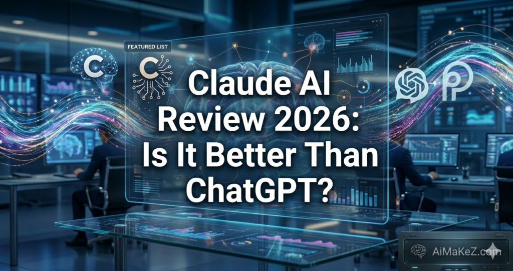 A futuristic high-tech data control center with blurred professionals working. In the foreground, a large transparent holographic display presents the text "Claude AI Review 2026: Is It Better Than ChatGPT?". To the left is the Claude 'C' logo with neural connections and a bar graph. To the right is the OpenAI 'O' logo and the standard ChatGPT logo. Data graphs are visible on the desk below the hologram.
