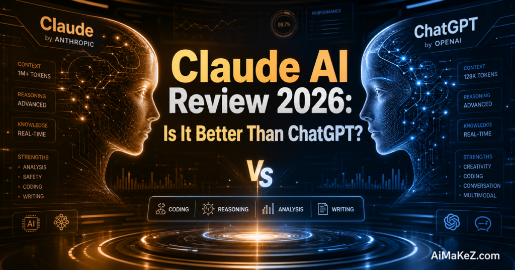 Featured image for Claude AI Review 2026 article on AiMaKeZ.com, comparing Claude AI and ChatGPT with futuristic interfaces.