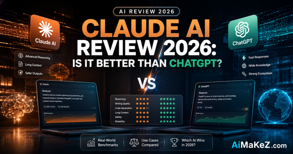 Claude AI Review 2026 comparing Claude AI and ChatGPT with advanced reasoning, performance, safety, usability, and AI capabilities in a futuristic technology environment.
