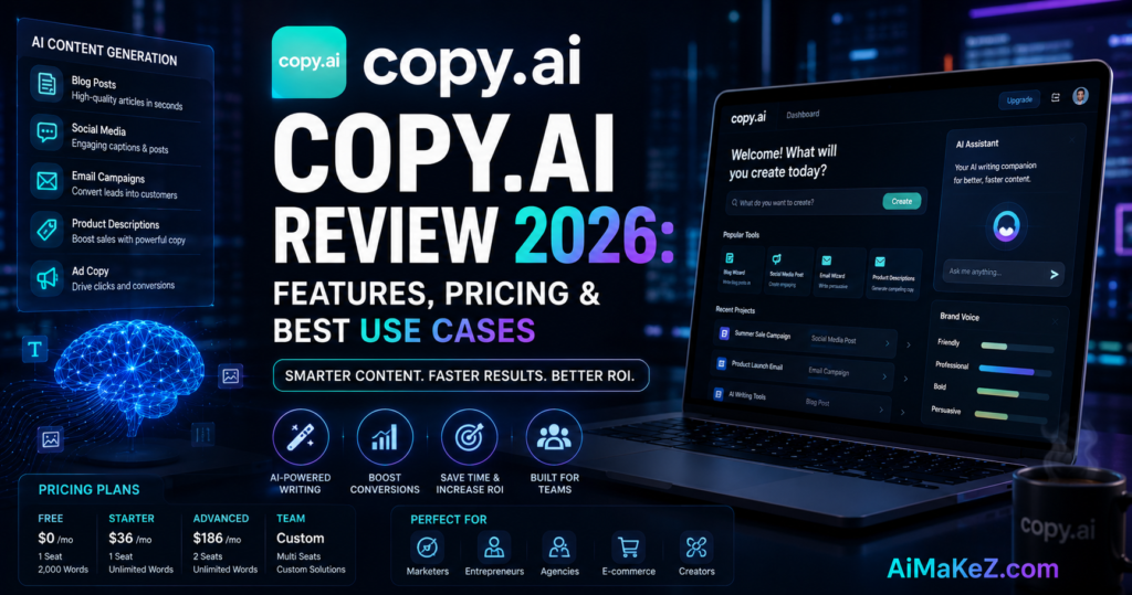 Copy.ai Review 2026 featuring the Copy.ai AI writing platform, content generation dashboard, pricing plans, advanced features, and business use cases in a futuristic AI workspace.