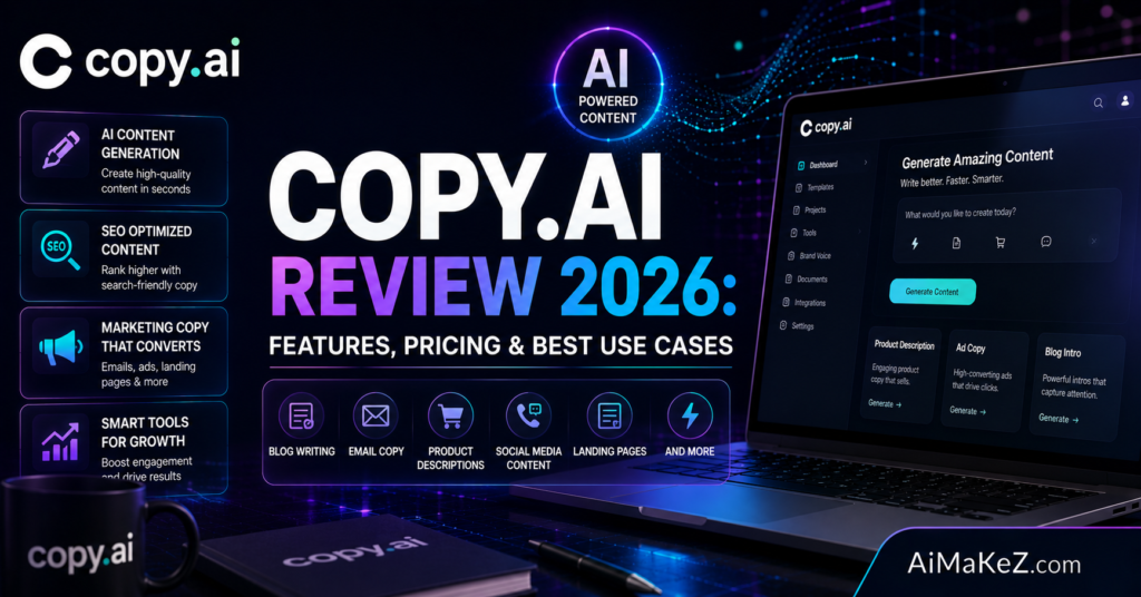 Copy.ai Review 2026 featured image showing AI-powered copywriting software, content generation dashboard, SEO writing tools, marketing automation, and futuristic digital interfaces with the title "Copy.ai Review 2026: Features, Pricing & Best Use Cases".