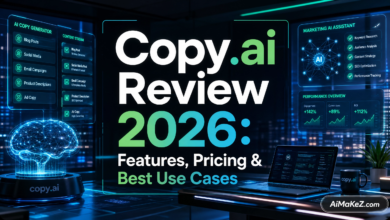 Featured image for AiMaKeZ.com article on Copy.ai Review 2026, showcasing a futuristic writing studio with AI-powered content creation tools.
