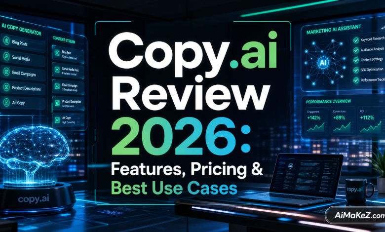 Featured image for AiMaKeZ.com article on Copy.ai Review 2026, showcasing a futuristic writing studio with AI-powered content creation tools.