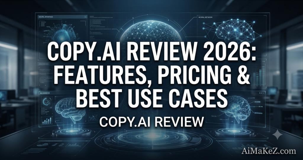 Copy.ai Review 2026 featured image on AiMaKeZ.com featuring neural networks, futuristic AI interfaces, and text analyzing use cases.