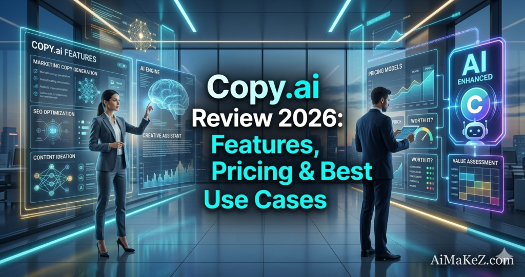 A premium tech review featured banner set in a futuristic corporate office with cyan neon ceiling lights and a city backdrop. In the center, large bold white and cyan text reads "Copy.ai Review 2026: Features, Pricing & Best Use Cases". On the left, a businesswoman interacts with a holographic panel displaying "COPY.ai FEATURES", "MARKETING COPY GENERATION", and an "AI ENGINE" brain graphic. On the right, a businessman views a panel showing "PRICING MODELS", "VALUE ASSESSMENT", a "WORTH IT?" gauge, and a glowing neon "C" Copy.ai robot avatar logo. The watermark "AiMaKeZ.com" rests in the bottom-right corner.