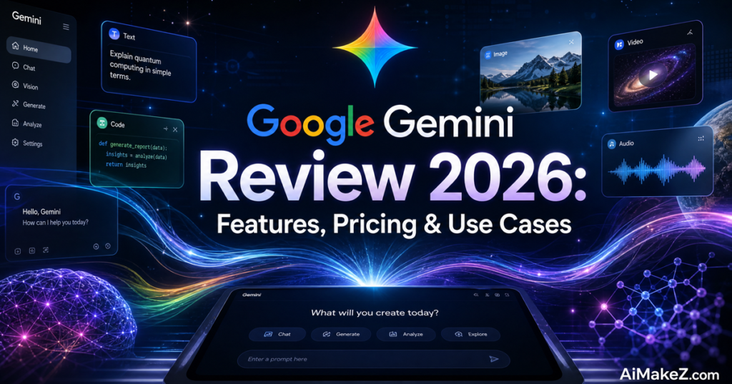 Featured image for AiMaKeZ.com article on Google Gemini Review 2026, showcasing a futuristic interface with multi-modal AI capabilities.