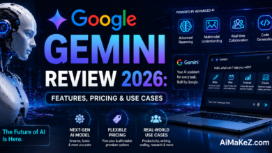 Google Gemini Review 2026 featuring Google's AI assistant interface, advanced multimodal capabilities, pricing information, and real-world use cases in a futuristic technology environment.