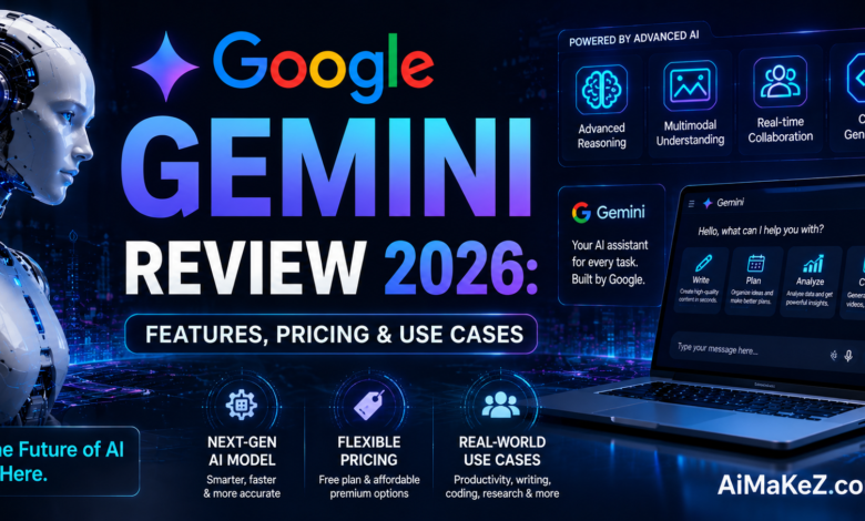 Google Gemini Review 2026 featuring Google's AI assistant interface, advanced multimodal capabilities, pricing information, and real-world use cases in a futuristic technology environment.