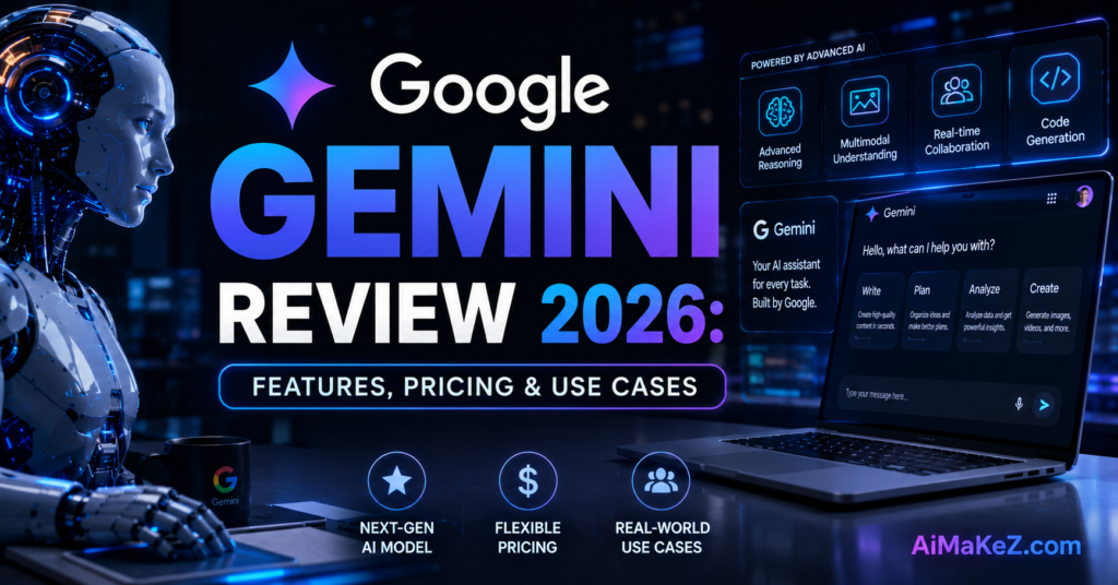 Google Gemini Review 2026 featuring Google's AI assistant interface, advanced multimodal capabilities, pricing information, and real-world use cases in a futuristic technology environment.