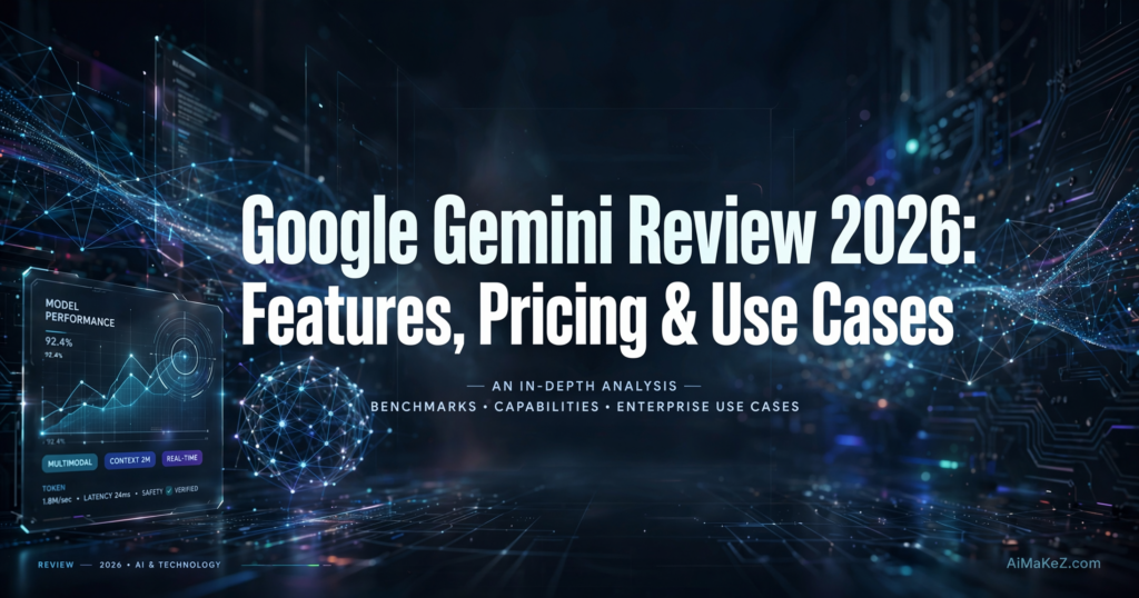 A dark, premium AI-themed blog featured image with bold white typography in the center reading "Google Gemini Review 2026: Features, Pricing & Use Cases". The layout features an advanced neural network structure, a glowing abstract digital sphere, and a holographic side panel showing "Model Performance" stats like 92.4% accuracy, 2M context window, and 24ms latency. The subtle watermark "AiMaKeZ.com" is visible in the bottom-right corner.