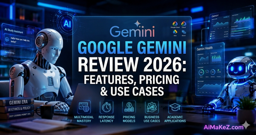 A premium, ultra-realistic technology magazine style featured image titled "GOOGLE GEMINI REVIEW 2026: FEATURES, PRICING & USE CASES" with the official Gemini logo. On the left, a sophisticated white android robot interacts with a laptop next to stacked books. Floating blue holographic dashboards display analytical interfaces like "Gemini Health", cloud integrations, and an "AI Study Assistant" interface. A smaller, friendly desk robot sits on the right, and the footer features metric icons with a glowing neon purple "AiMaKeZ.com" watermark in the bottom right corner.