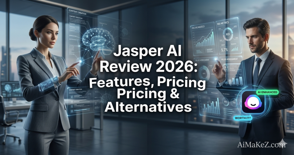 A premium tech review featured banner in a high-rise office at sunset. In the center, large bold white text reads "Jasper AI Review 2026: Features, Pricing & Alternatives". On the left, a businesswoman in a sharp grey suit interacts with a transparent screen displaying a holographic brain mesh under the title "CONTENT CREATION". On the right, a businessman in a dark suit evaluates a "PRICING MODELS" and "ROI METRICS" screen, featuring a glowing purple and cyan Jasper-style AI chatbot avatar with an "AI ENHANCED" label. The brand watermark "AiMakeZ.com" rests in the bottom-right corner.