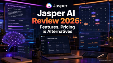 Featured image for AiMaKeZ.com article on Jasper AI Review 2026, showcasing a futuristic writing studio with AI-powered content creation tools.