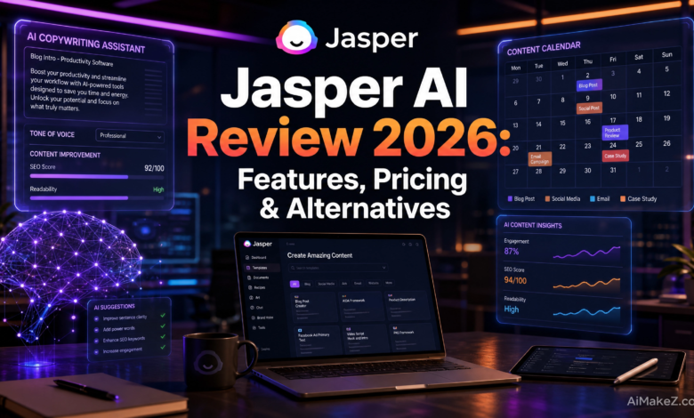 Featured image for AiMaKeZ.com article on Jasper AI Review 2026, showcasing a futuristic writing studio with AI-powered content creation tools.