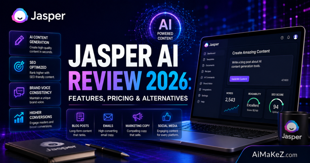 Jasper AI Review 2026 featured image displaying AI-powered content writing software, SEO optimization tools, marketing automation dashboard, brand voice features, and futuristic digital interfaces with the title "Jasper AI Review 2026: Features, Pricing & Alternatives".