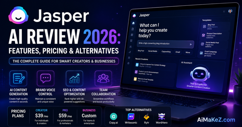 Jasper AI Review 2026 featuring the Jasper AI writing platform, content generation dashboard, pricing plans, key features, and top alternatives in a futuristic AI workspace.