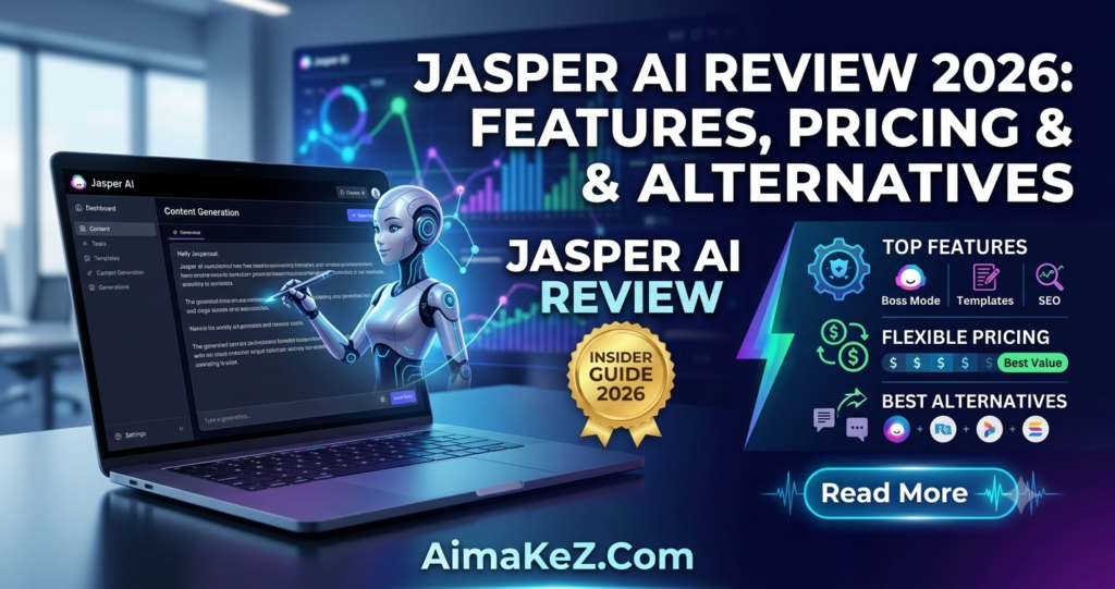 Jasper AI Review 2026 infographic featured image on AiMaKeZ.Com showing features, pricing, and alternatives on a laptop screen.