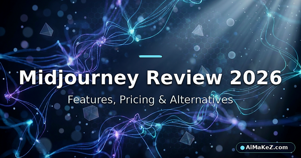 Futuristic AI neural network visualization featuring the bold title "Midjourney Review 2026: Features, Pricing and Alternatives" over a glowing deep-blue and purple background, with the AiMaKeZ.com brand watermark in the bottom-right corner.