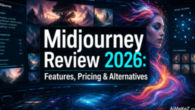 Featured image for AiMaKeZ.com article on Midjourney Review 2026, showcasing a futuristic artistic interface with AI-generated landscapes.