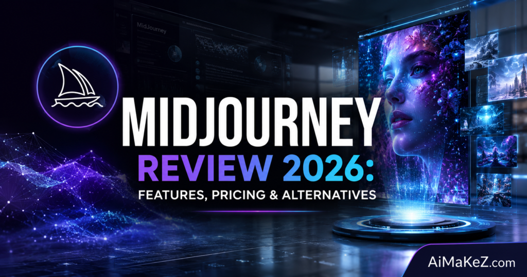 Midjourney Review 2026 featured image showing futuristic AI-generated artwork, digital interfaces, neural network visuals, and technology-themed design with the title "Midjourney Review 2026: Features, Pricing & Alternatives".