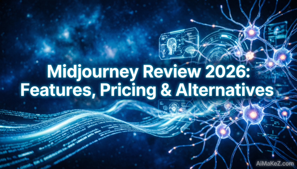 Featured image for AiMaKeZ.com article on Midjourney Review 2026, showcasing a futuristic artistic interface with AI-generated landscapes.