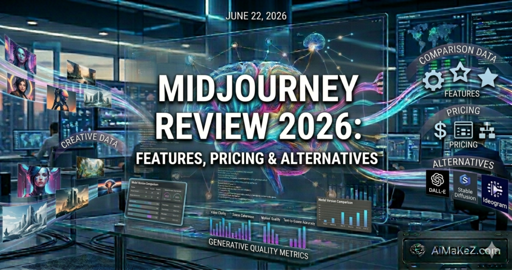 A futuristic tech analytics control center with a large glass holographic screen reading "MIDJOURNEY REVIEW 2026: FEATURES, PRICING & ALTERNATIVES". The screen displays a colorful neural brain network, with glowing data ribbons carrying AI-generated portraits and landscapes labeled "CREATIVE DATA". Side panels show comparison metrics for features and pricing, alongside logos for alternatives DALL-E, Stable Diffusion, and Ideogram. An "AiMaKeZ.com" branded hardware unit sits in the bottom right corner.