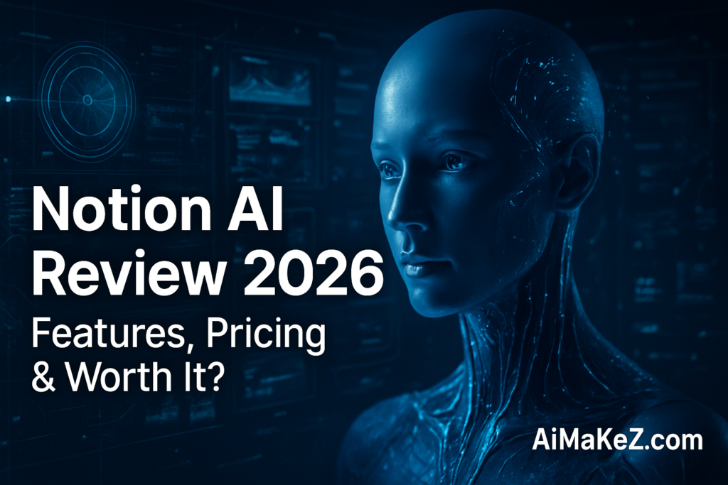 A premium tech review featured image with a deep dark blue color palette. On the right side, an ultra-realistic, sleek cybernetic android head and shoulders face left in profile. On the left side, bold white typography displays the title "Notion AI Review 2026" with a subtitle underneath reading "Features, Pricing & Worth It?". The dark background is detailed with faint, futuristic digital data matrices and a circular radar UI grid. The subtle white watermark "AiMaKeZ.com" rests in the bottom-right corner.